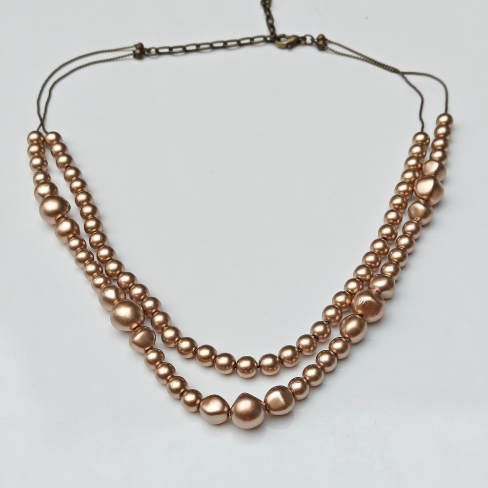 Bronze Gold Metallic Double Strand Graduated Faux Pearl Necklace Adjustable